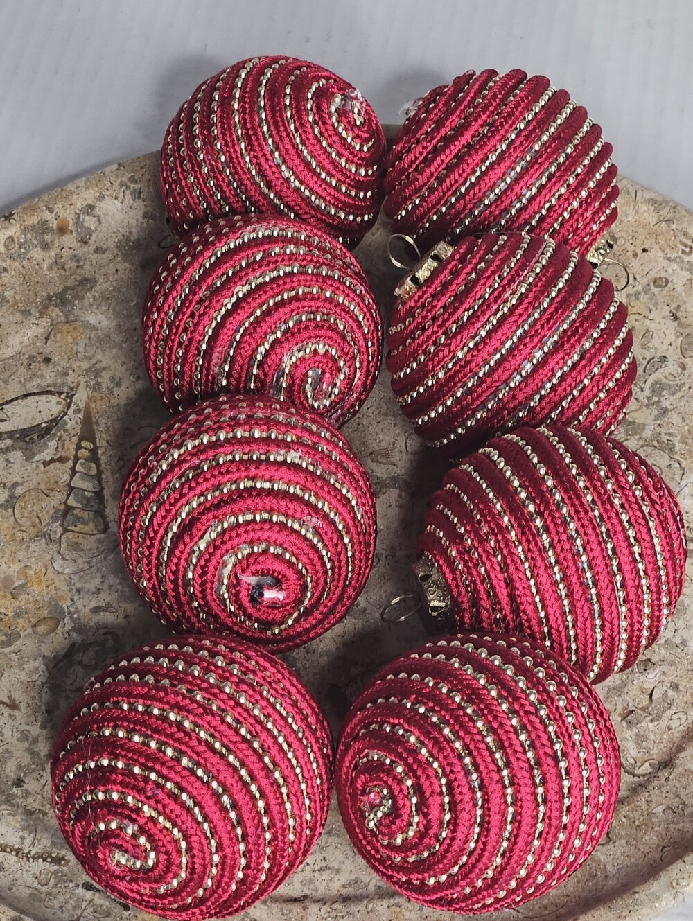 Vintage Red Cord Wrapped And Gold Beaded Christmas Ornaments Set Of 8 Rare Find